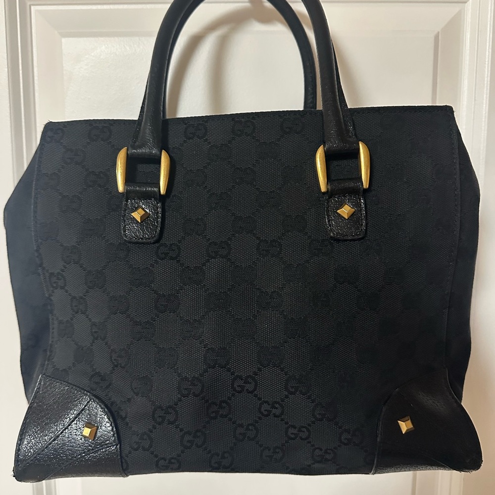 Gucci GG Canvas Tote Bag In Black Leather With Studs - Picture 5 of 16